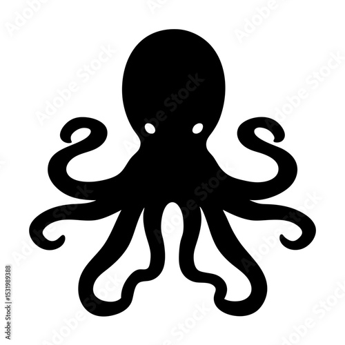 Simple black and white octopus illustration with curled tentacles in silhouette