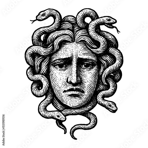 Medusa Head with Snakes Hairstyle in Black and White Outline Line Art Drawing Illustration