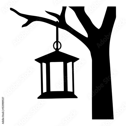 Silhouette of an oldfashioned lantern hanging from a tree branch illustration
