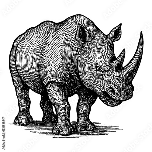 Rhinoceros Standing Front View Black and White Outline Line Art Drawing Animal Illustration