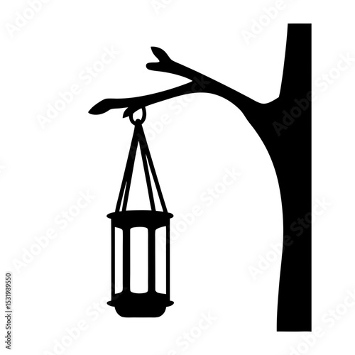 Black and White Image of a Lantern Hanging from a Tree Branch