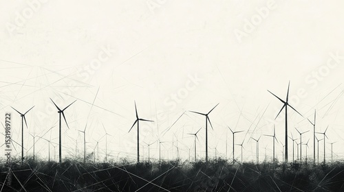A row of wind turbines stands on a grassy landscape, generating renewable energy under a pale sky.