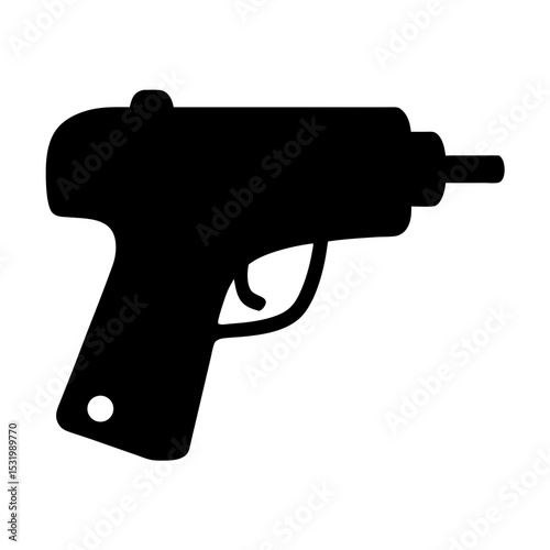 Stylized black silhouette of a handgun on a white background graphic