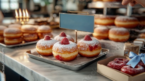 A bustling bakery kitchen where bakers pipe raspberry jam into fluffy sufganiyot, dusting them with powdered sugar