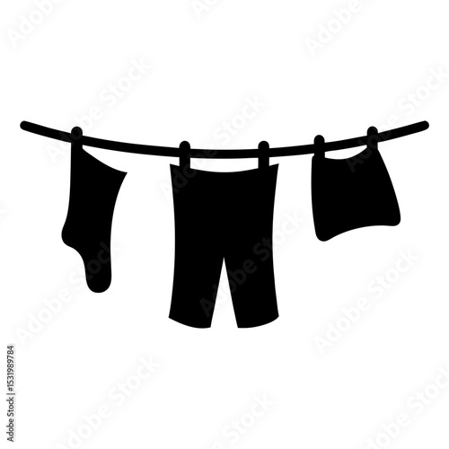 Hanging laundry on a clothesline, a simple black and white illustration
