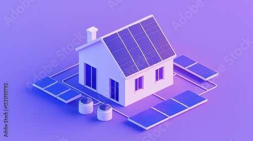 A modern house powered by solar panels, illustrating clean and sustainable energy use in a purple-toned 3D render.
