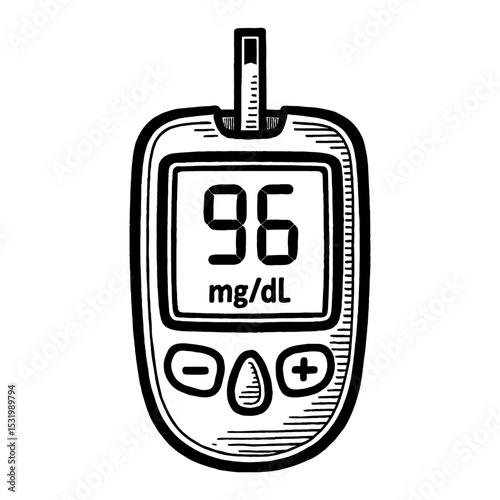 Blood Sugar Monitor Shows Number 96 mg/dL Black and White Outline Line Art Drawing Illustration