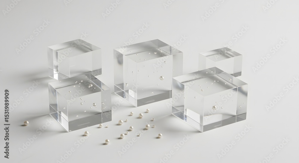 Fototapeta premium Matte white background with clear acrylic blocks and scattered pearls for clean and classy product shot 1