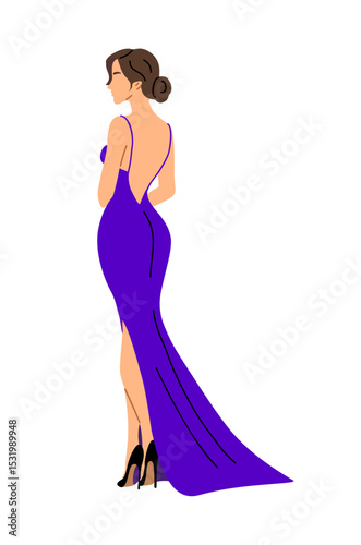 Beautiful Woman in fashion dress for evening or cocktail party, event. Pretty girl wearing stylish clothes, shoes back rear view. Vector realistic illustration isolated on transparent background