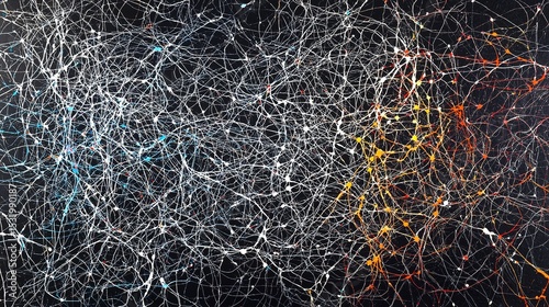 Abstract painting featuring chaotic, colorful lines and splatters on a dark background, evoking energy and movement.