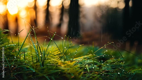 Lush green ferns glistening with dew in a tranquil forest at sunset, evoking serenity and nature