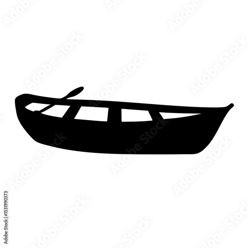 Silhouette of a wooden rowboat with an oar, floating on white