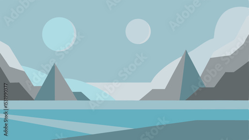 Abstract landscape illustration with geometric mountains and celestial bodies on a blue sky