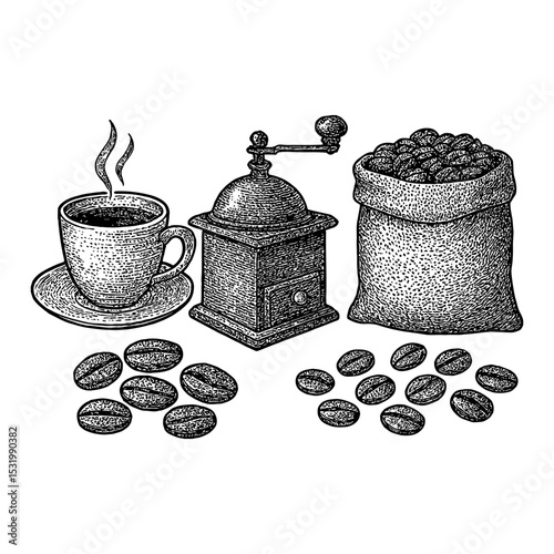 Coffee Cup Coffee Grinder Coffee Beans Sack Black and White Outline Line Art Drawing Style