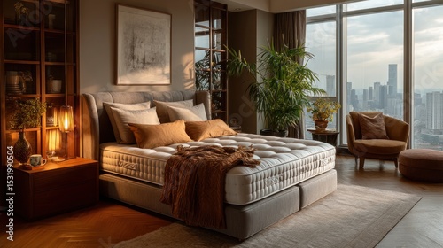 Serene bedroom with city view showcasing premium mattress and elegant decor