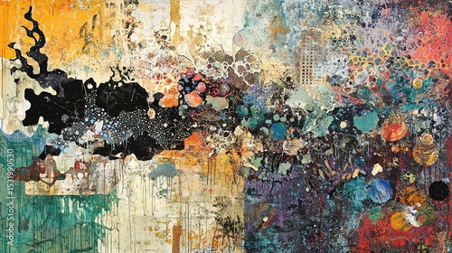 Vibrant abstract painting with splashes, drips, and intricate patterns in bold, contrasting colors.