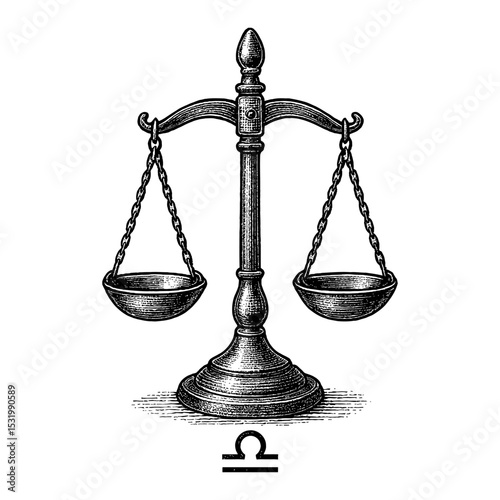 Libra Zodiac Sign Balance Scale Black and White Outline Line Art Drawing Detailed Illustration