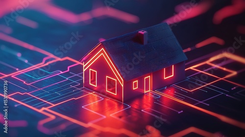 A small house with neon outlines sits on a glowing digital circuit board, symbolizing smart home technology and digital connectivity.