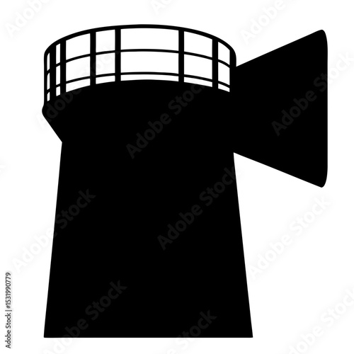 Silhouette of a black lighthouse with a horn, navigation aid, and lookout