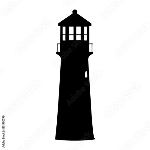 Elegant black silhouette of a coastal lighthouse on a bright white background