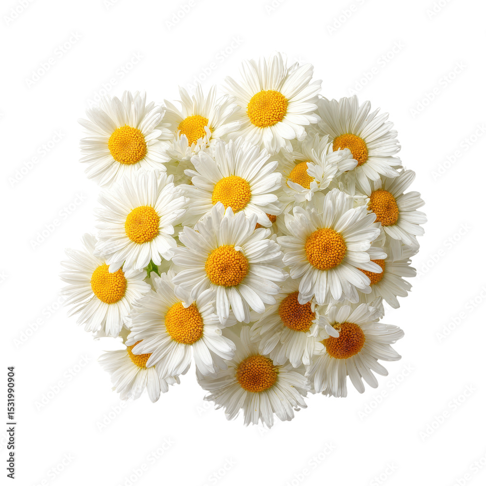 Obraz premium A bouquet of fresh white daisies with vivid yellow centers isolated transparent background perfect for floral designs