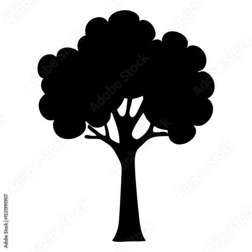 Silhouette of a large, bushy tree with a thick trunk and branches