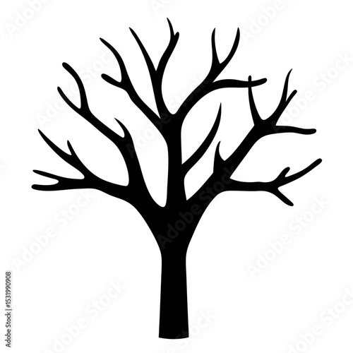 Silhouette of a bare tree with spreading branches against a white background