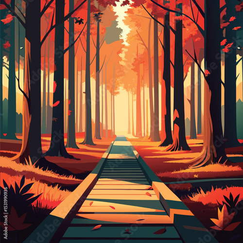 Autumnal wooden path through the forest.