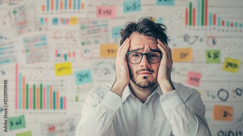 A stressed man with glasses holds his head in an office, surrounded by charts, graphs, and colorful sticky notes on the wall.