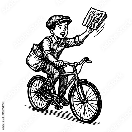 Boy on Bicycle Delivering Newspaper in Black and White Outline Line Art Drawing Style