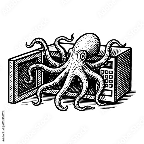 Octopus in Safe Black and White Outline Line Art Drawing Etching Hand Drawn Design