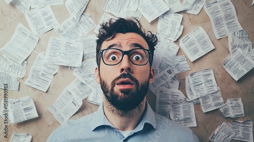 A man with glasses looks overwhelmed, surrounded by numerous receipts and papers scattered on the wall behind him.