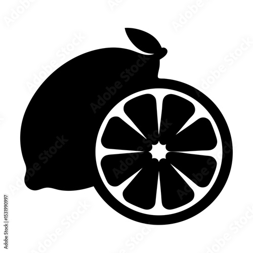 Silhouette illustration of a whole lemon and a lemon slice vector graphic