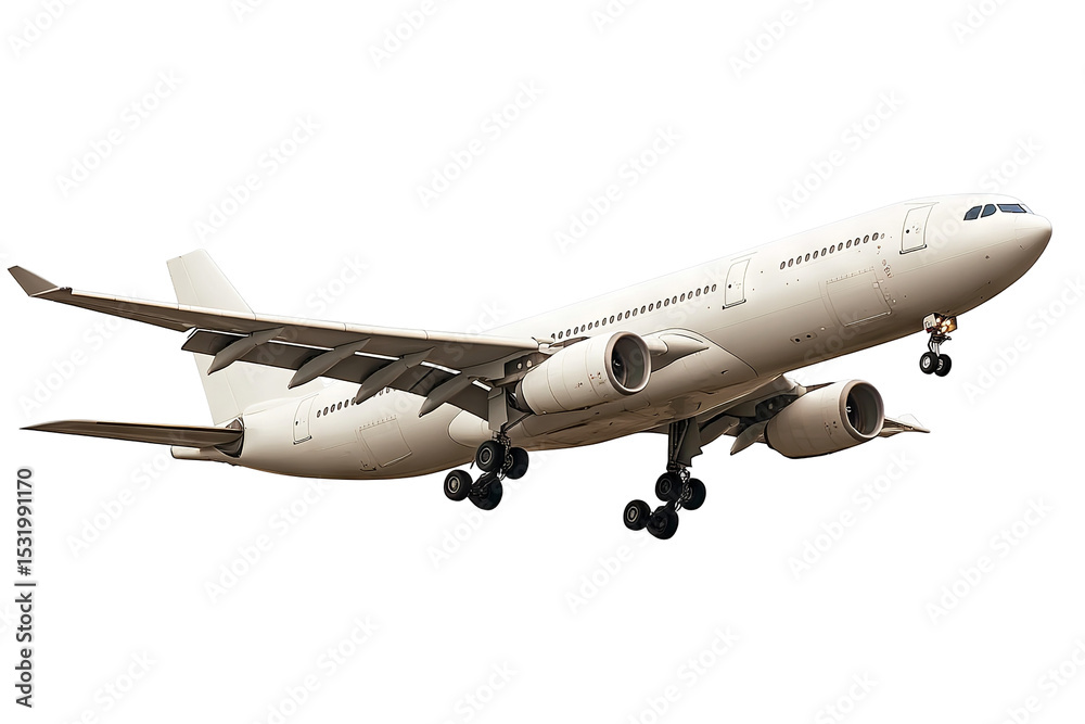 Obraz premium High-resolution passenger airplane isolated on transparent background PNG cut-out — detailed commercial aircraft silhouette ideal for travel posters, aviation infographics, and graphic design