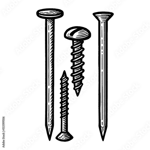 Different Size Nails and Screws in Black and White Outline Line Art Drawing Engraving Illustration