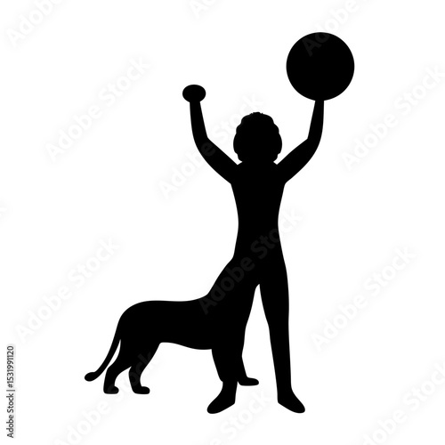 Silhouette of a mythical Centaur like creature holding a ball aloft