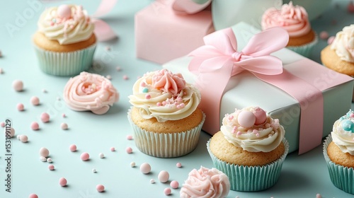 Beautifully arranged pastel-colored gifts and cupcakes for a celebration 