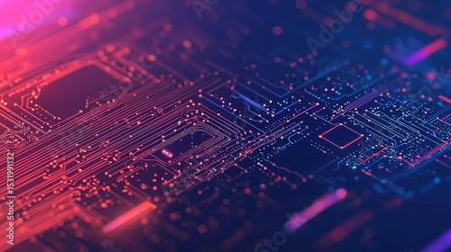 Abstract digital circuit board with glowing lines and dots in vibrant blue, purple, and pink hues, symbolizing technology and connectivity.