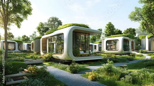 Urban housing concepts with low environmental impact using green roofs, passive solar design, recycled materials, compact living spaces, and energy-efficient construction techniques