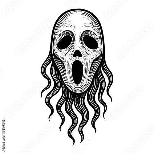 Scream Face Ghost Black and White Outline Line Art Drawing with Frightening Expression Isolated