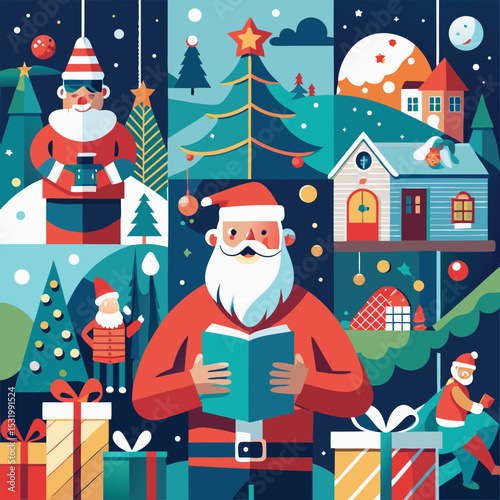 Panoramic Christmas Illustration with a Dog in a Festive Scene Design