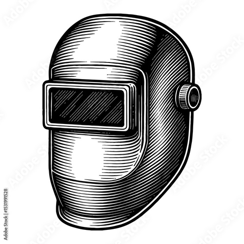 Welding Mask Black and White Outline Line Art Drawing Style Vintage Engraving Illustration
