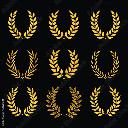 Nine golden laurel wreaths design each with a slightly different variation