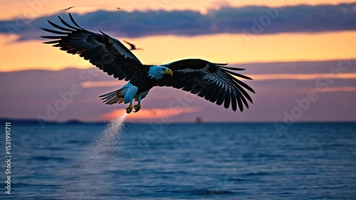 Majestic eagle soaring over a tranquil ocean at sunset, with distant birds and a ship in view