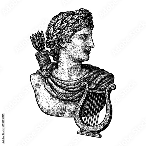 Apollo Bust Statue with Lyre and Arrow Side View Black and White Outline Line Art Drawing