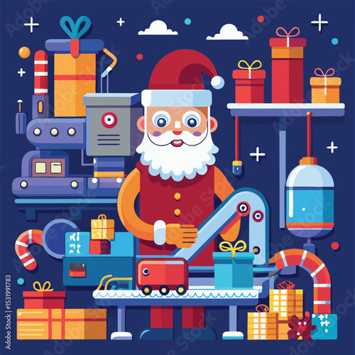 Santa Claus Factory Workshop with Gift Conveyor Belt and Dog Illustration Design