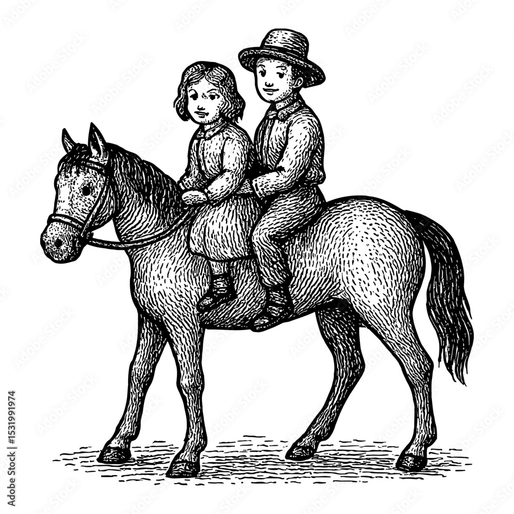 Fototapeta premium Two Children Riding a Horse Together in Black and White Outline Line Art Drawing