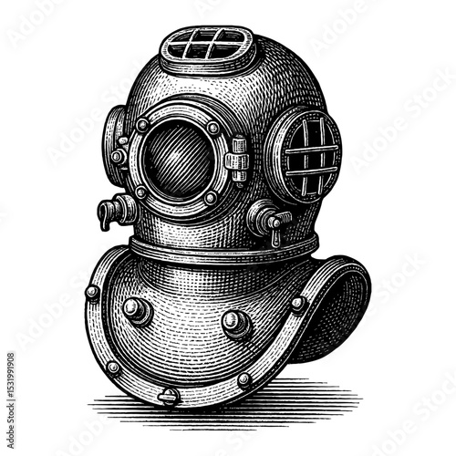Deep Sea Diving Helmet Front View Black and White Outline Line Art Drawing Engraved Antique Style