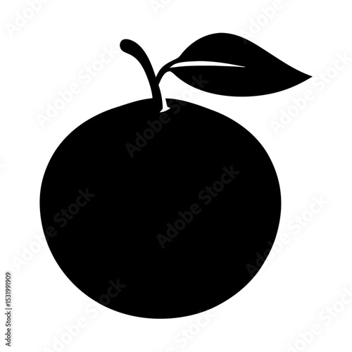 Black and white image of a simple, stylized orange with leaf
