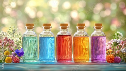 Colorful Glass Bottles Filled with Vibrant Liquids, Set Against Blurred Floral Background for Captivating Look 